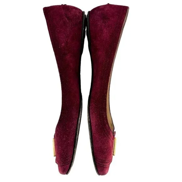 JIMMY CHOO Maroon Red Suede Square Toe Logo Buckle Flats Size 39.5 / US 9.5 - Picture 6 of 9